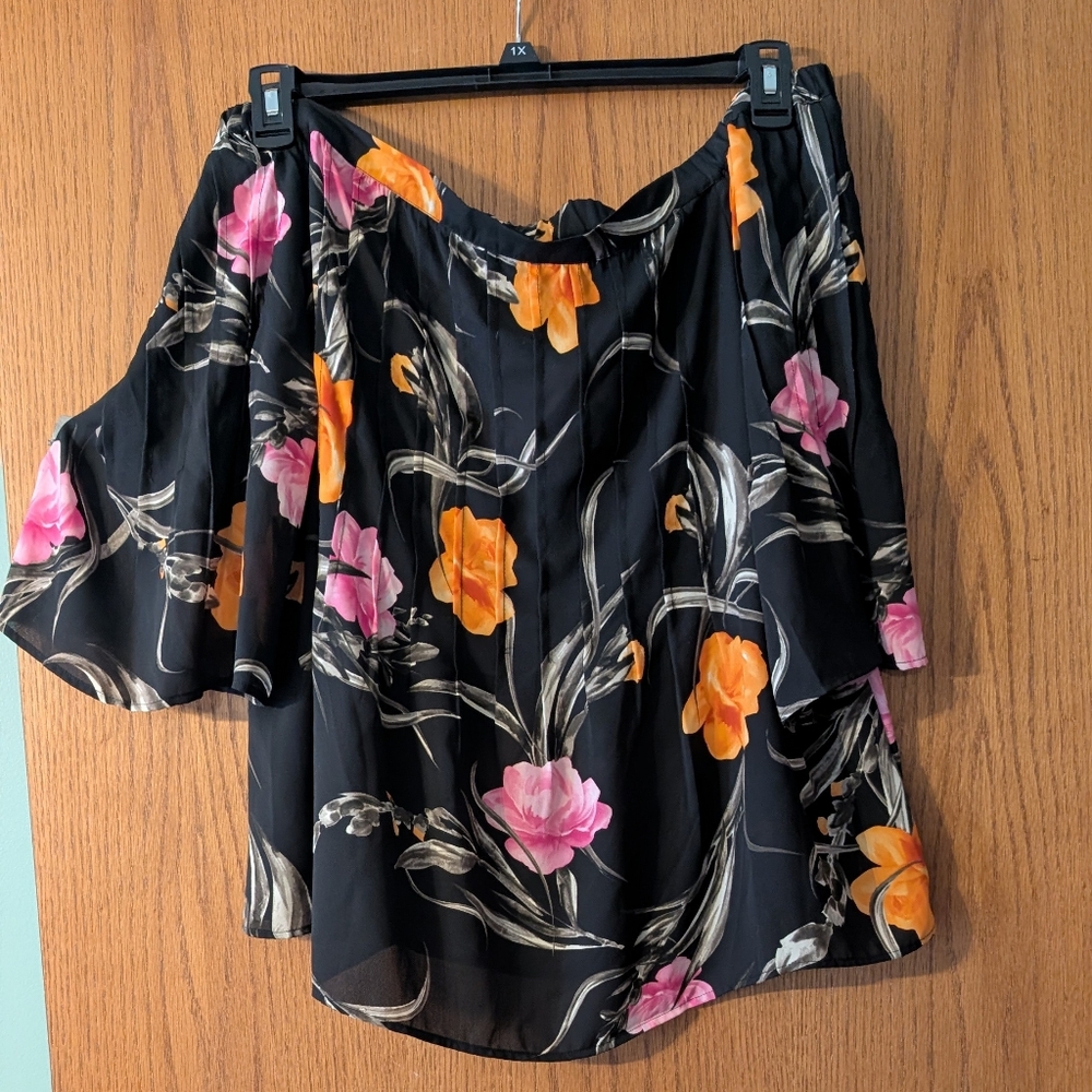 INC International Concepts Black Floral Off-Shoulder Blouse XL
